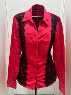 7th Avenue New York and Company Red Button-Up Top with Black Lace Insets